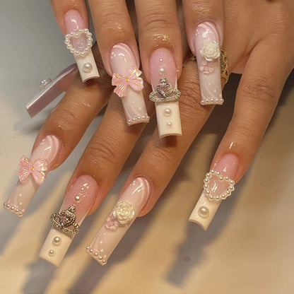 Rose Pink Long Coffin Fake Nails French Style Leopard Star Printed Press on Nails Y2K Girls Charms Manicure Black False Nails Good Vibrations