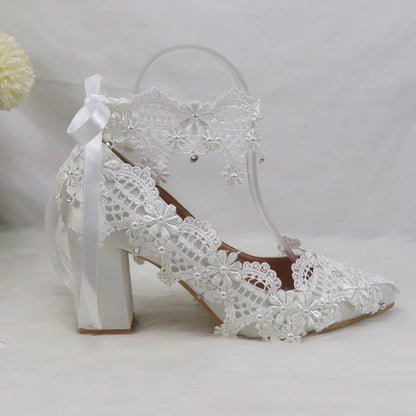 BaoYaFang New Arrival Thick Heel Pointed Toe Womens Wedding Shoes High Heels ladies fashion shoes woman White Lace ankle strap Good Vibrations