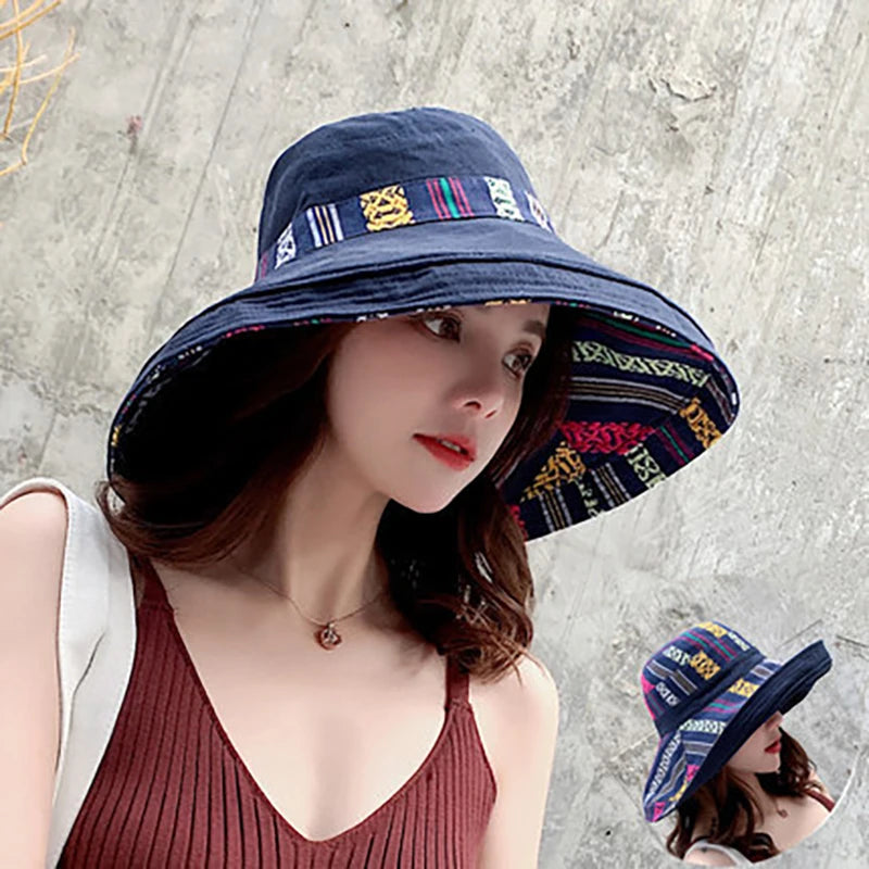 Retro Beach Hat For Women, Summer Sun Protection, Ethnic Style, Big Brim Hat For Outings, Sun Protection, Seaside Cool Hat Good Vibrations
