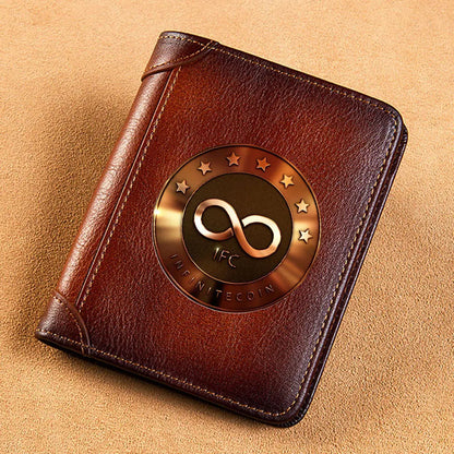 High Quality Genuine Leather Men Wallets Golden Bitcoin Sign Printing Short Card Holder Purse Billfold Men's Wallet BK1003 Good Vibrations