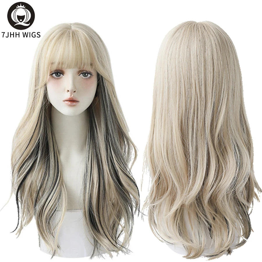 7JHHWIGS Long Wavy Synthetic Black Wigs For Women With Fringe Fashion Heat Resistant Mid-Length Daily Straight Light Brown Hair Good Vibrations