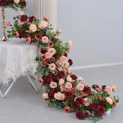 Uflower Red Rose Green Leaf Artificial Flowers Row Arrangement Wedding Table Center Flower ball Event Party Backdrop Decor Props Good Vibrations
