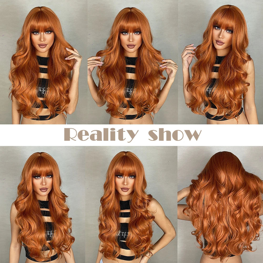 Ginger Orange Synthetic Wigs for Black Women Long Wavy Wigs with Bangs Cosplay Colored Hair Heat Resistant Body Wave Party Wig Good Vibrations