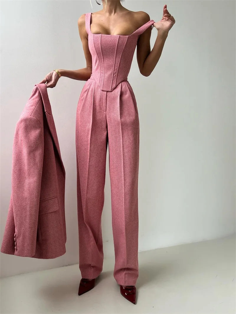 3 Pieces Herringbone Women's Suits Pants Set Top Bra+Blazer+Trousers or Skirt Formal Office Lady Prom Jacket Coat Winter Outfit Good Vibrations