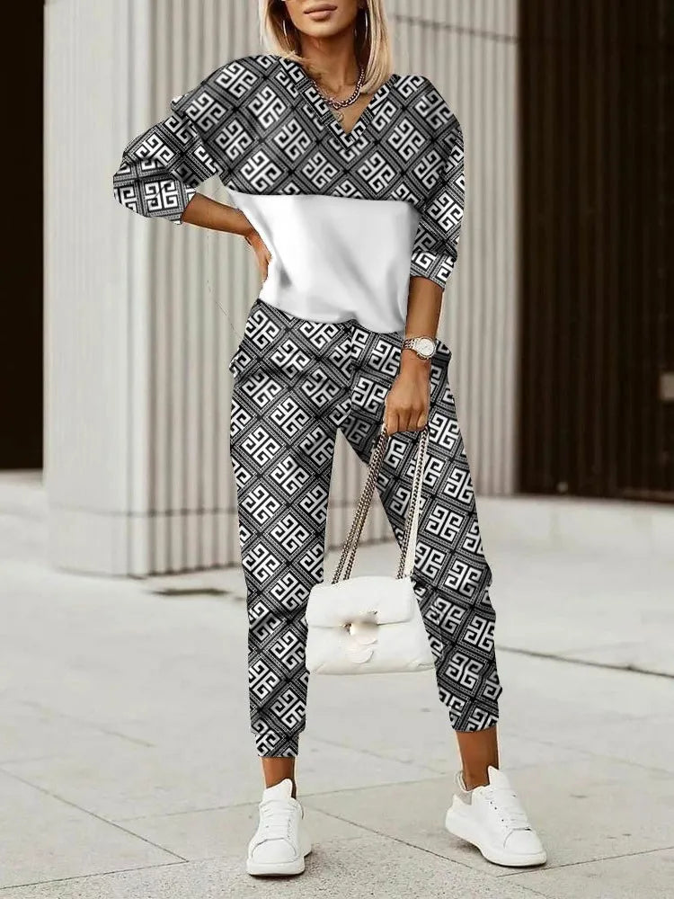 Two Piece Set For Women Print Long Pant Sets 2 Piece Sets Women Outfit Spring Autumn Long Sleeve Fashion Elegant Office Sets Good Vibrations