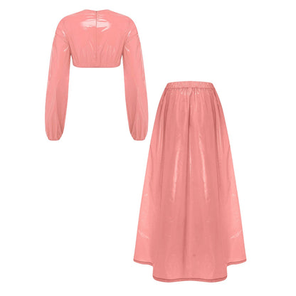 Women's Dress Set Waterproof Two Pieces Outfits Clubwear Long Sleeve Crew Neck Crop Top A-Line Swing Hem Midi Skirt Party Wear Good Vibrations