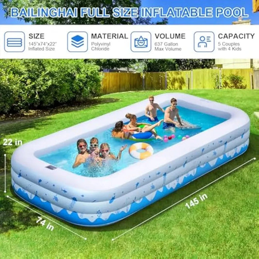 Pool with Lights - 145'' X 74'' X 22'', Thickened Blow Up Pool with Seats & Backrest for Adults, 7 Color Big Swimming Pool Good Vibrations