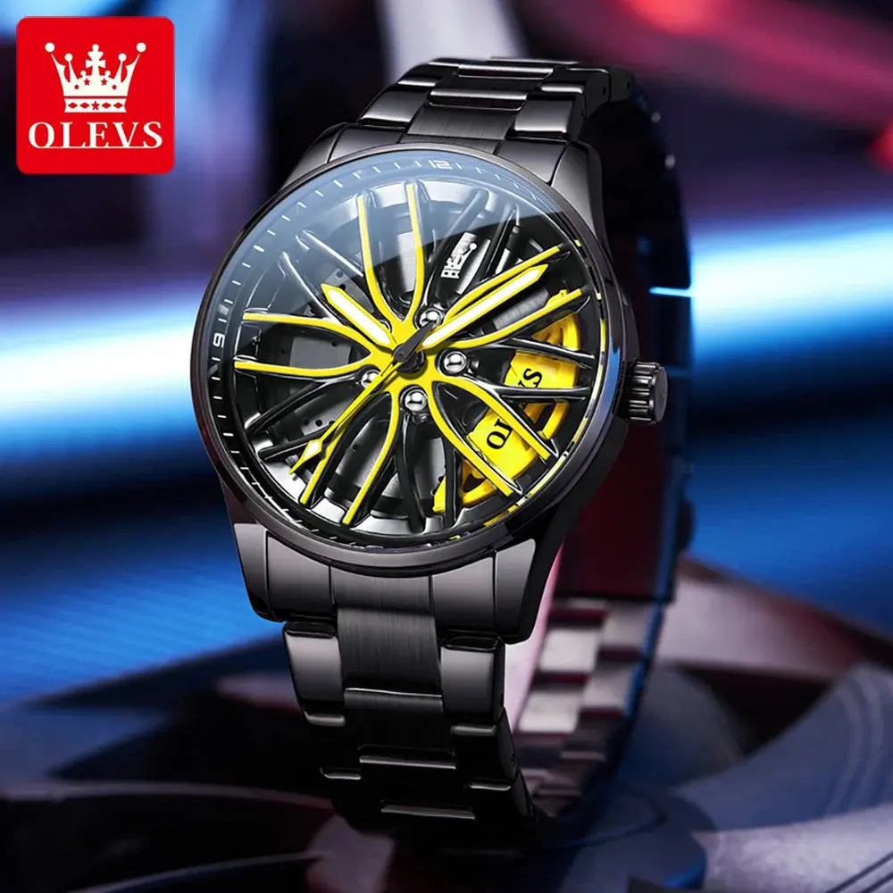 OLEVS Watch for Men 360° Rotary Dial Sport Car Rim Wheel Hub Waterproof Luminous Fashion Stainless Steel Men's Quartz Wristwatch Good Vibrations