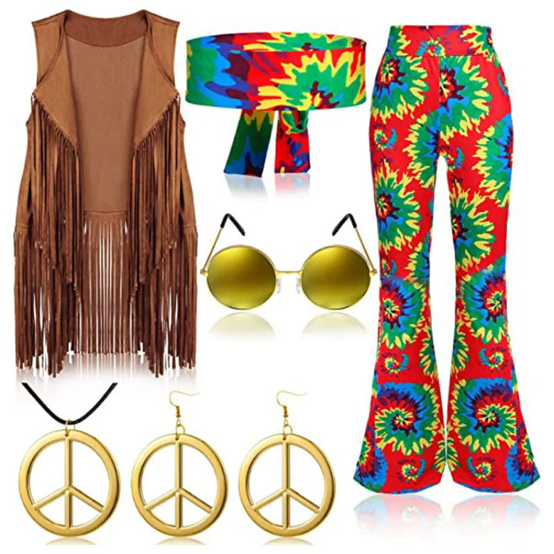 Halloween Hippie Costume Women's Set for Carnival 70s Clothing Accessories Six-Piece Set Tassel Vest+Pants+Headband Set Good Vibrations