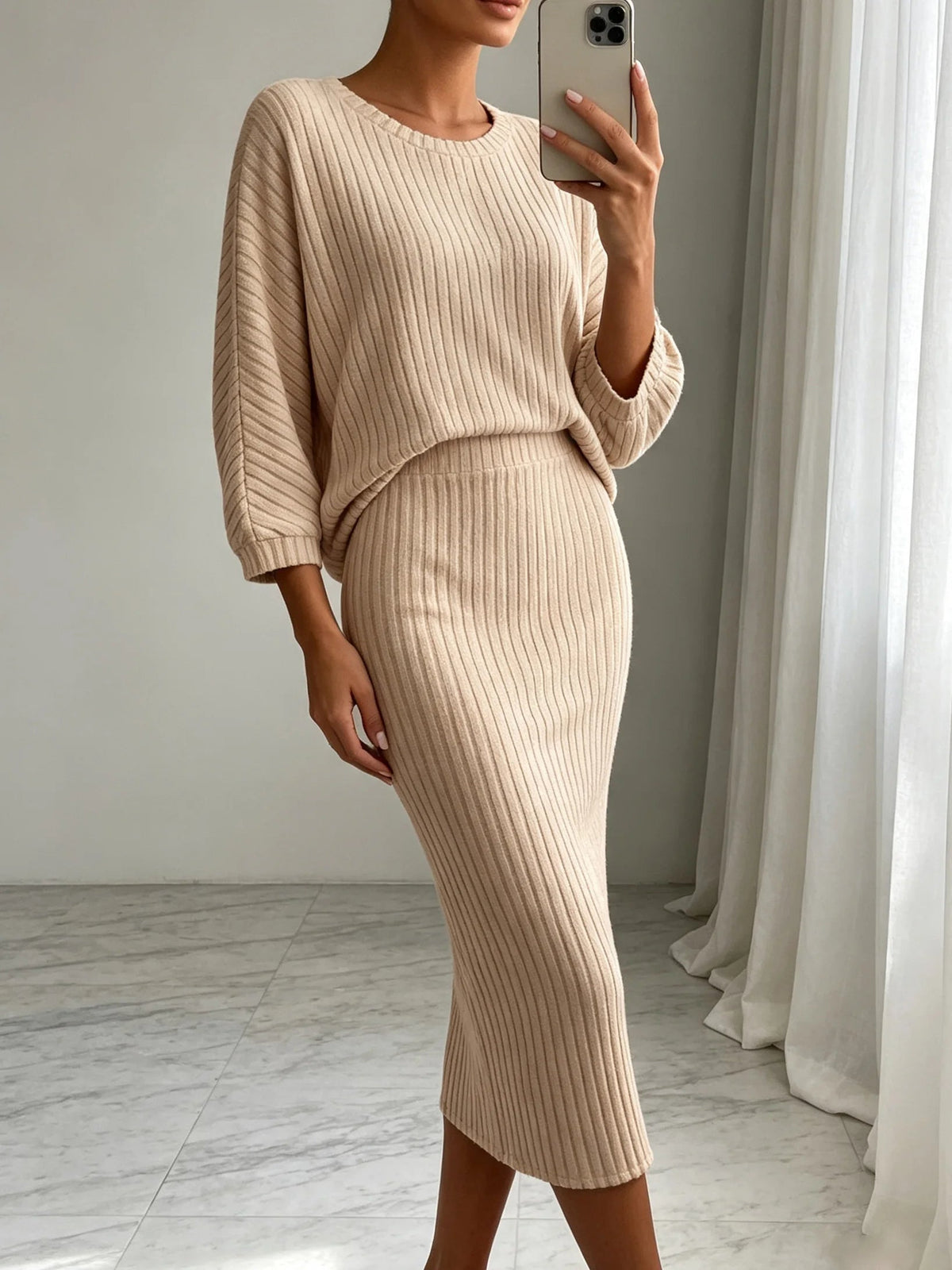 Women 2 Piece Knit Outfit Set Fall Winter Solid Color Crew Neck Long Sleeve Top Midi Skirt Elegant Office Commuter Dress Suit Good Vibrations