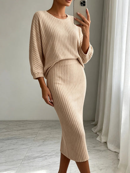 Women 2 Piece Knit Outfit Set Fall Winter Solid Color Crew Neck Long Sleeve Top Midi Skirt Elegant Office Commuter Dress Suit Good Vibrations