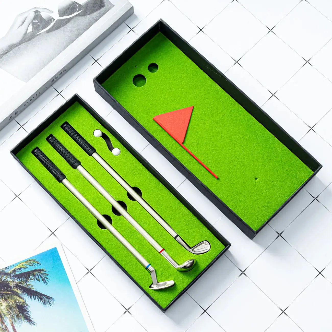 Golf Pen Set Mini Desktop Golf Ball Pen Gift Includes Putting Green 3 Clubs Pen Balls and Flag Desk Games Golf Accessories Good Vibrations