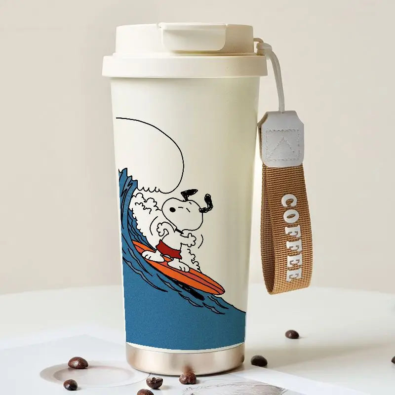 Cartoon Cute Snoopy Anime Peripheral Thermos Cup Women's Heart Stainless Steel Large Capacity Coffee Cup Straw Water Cup Gift Good Vibrations