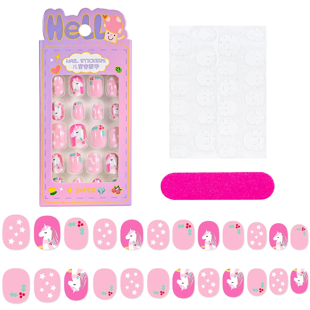 24Pcs/box Kids nails for Girl Cartoon Pattern False Nail Cute Child Fake Nails Tips Kawaii Acrylic Artificial Press on Nail+Tool Good Vibrations