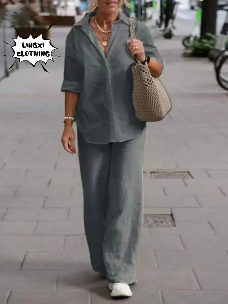 Summer Women's Two-Piece Women's 2024 New Lapel Long Sleeve Shirt Casual Solid Color Long Pants Set Two Piece Set for Women Good Vibrations