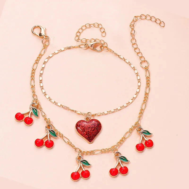 Aihua Boho Gold Color Red Heart Cherry Necklace Romantic Sweet Simple Clavicle Necklaces for Women Collar Fashion Jewelry Gifts Good Vibrations