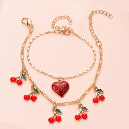 Aihua Boho Gold Color Red Heart Cherry Necklace Romantic Sweet Simple Clavicle Necklaces for Women Collar Fashion Jewelry Gifts Good Vibrations
