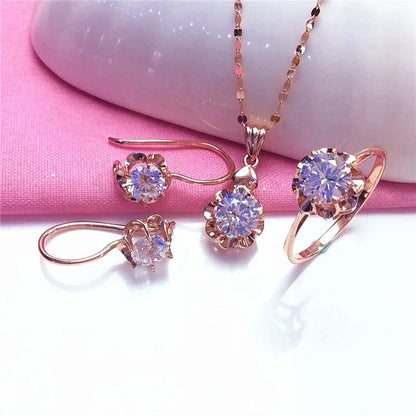 White Shiny Flower Jewelry Set Plated  Rose Gold Earrings for Women Charms Rings Necklace Elegant Light Luxury Necklaces Good Vibrations