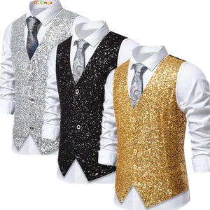Gold Sleeveless Suit Vest with Shiny Silver Sequin Decoration, Perfect for Wedding Party Stage Performance Waistcoat Good Vibrations