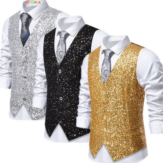 Gold Sleeveless Suit Vest with Shiny Silver Sequin Decoration, Perfect for Wedding Party Stage Performance Waistcoat
