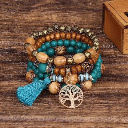 4Pcs/Set Boho Wooden Beaded Bracelet Set For Women Tree Of Life White Tassels Charm Elastic Chain Bangle Lady Bohemia Jewelry Good Vibrations