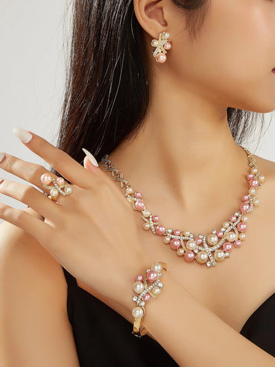 Stylish Pink and White Imitation Pearls and Rhinestone Jewelry Set, Including Necklaces, Bracelets, Earrings, Rings, the Most Suitable for Women’S Wedding Parties