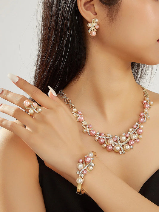 Stylish Pink and White Imitation Pearls and Rhinestone Jewelry Set, Including Necklaces, Bracelets, Earrings, Rings, the Most Suitable for Women’S Wedding Parties Good Vibrations