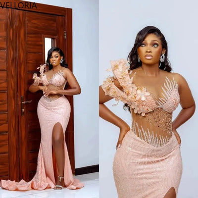 Exquisite Evening Dresses For Women Sheer Neck Sleeveless Gown Sequins Appliques Split Side Sweep Train Party Dress Customized