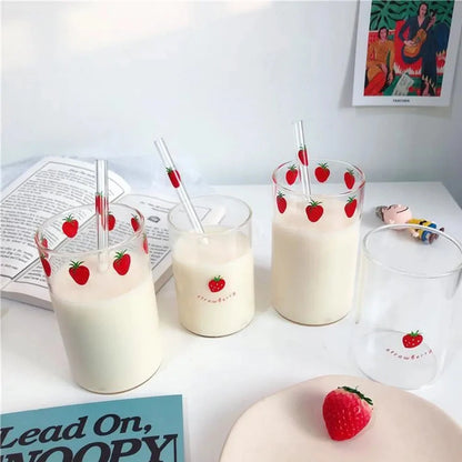 300ml Strawberry Cute Glass Cup With Straw Creative Transparent Water Cup Student Milk Heat Resistant Glass Nana Good Vibrations