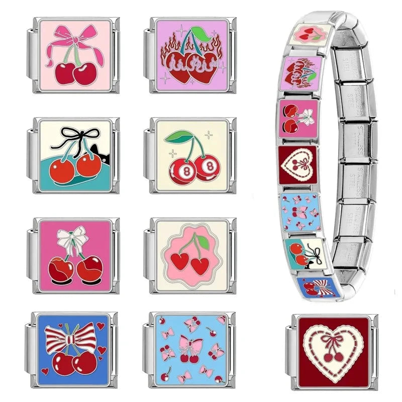 Cute Bow Knot Heart Cherry Sweet Pink Red Italian Charm Links Fit 9mm Bracelet Stainless Steel Women Jewelry DIY Making Gifts Good Vibrations Adult Super Store