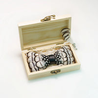 Wedding Bow Tie for Men handmade feather bow tie black white Pre-tied bowtie  brooch wooden box Set for Party birthday Gift Good Vibrations