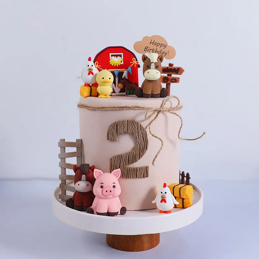 Farm Series Cake Topper Lambs Ponies Piglets Chickens Ducks Haystacks for Children's One Year Old Birthday Party Cake Decoration Good Vibrations