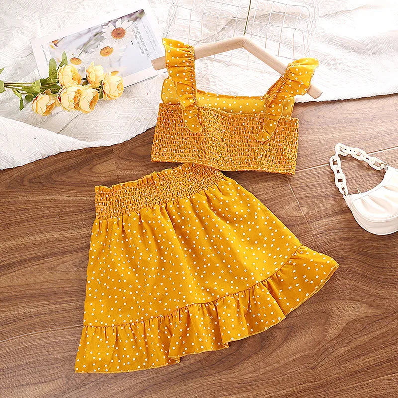 Girls' Clothing Set 5-12T Tri-Color Optional Flying Sleeve Square Collar Vest Top + Lace Skirts  Children Girls Baby Clothes Set Good Vibrations