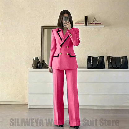 Women's Red Suit Two Piece Set Double Breasted Blazer with Black Trim and Pants Elegant Formal Fashion Daily Casual Party Tuxedo Good Vibrations
