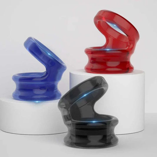 Semen Lock Ring Male Masturbator in silicone, available in red, blue, and black.