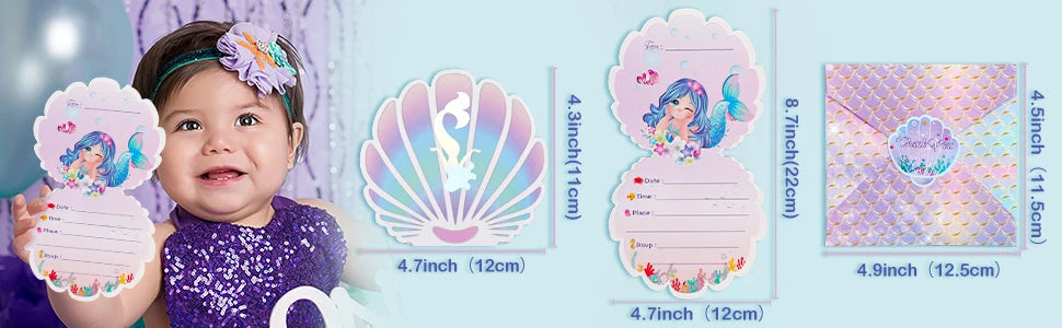 Mermaid Birthday Invitations Girls,3D Pearlescent Invitations Mermaid Party Supplies for Under the Sea Ocean Party Decorations Good Vibrations