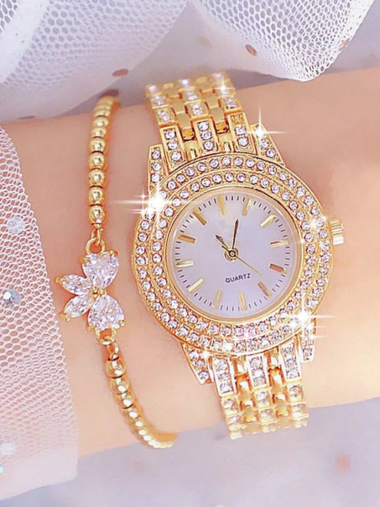2pcs Fashionable Diamond Studded Real Nail Scale Alloy Set Quartz Bracelet Watch FOR WOMEN'S Watches Good Vibrations