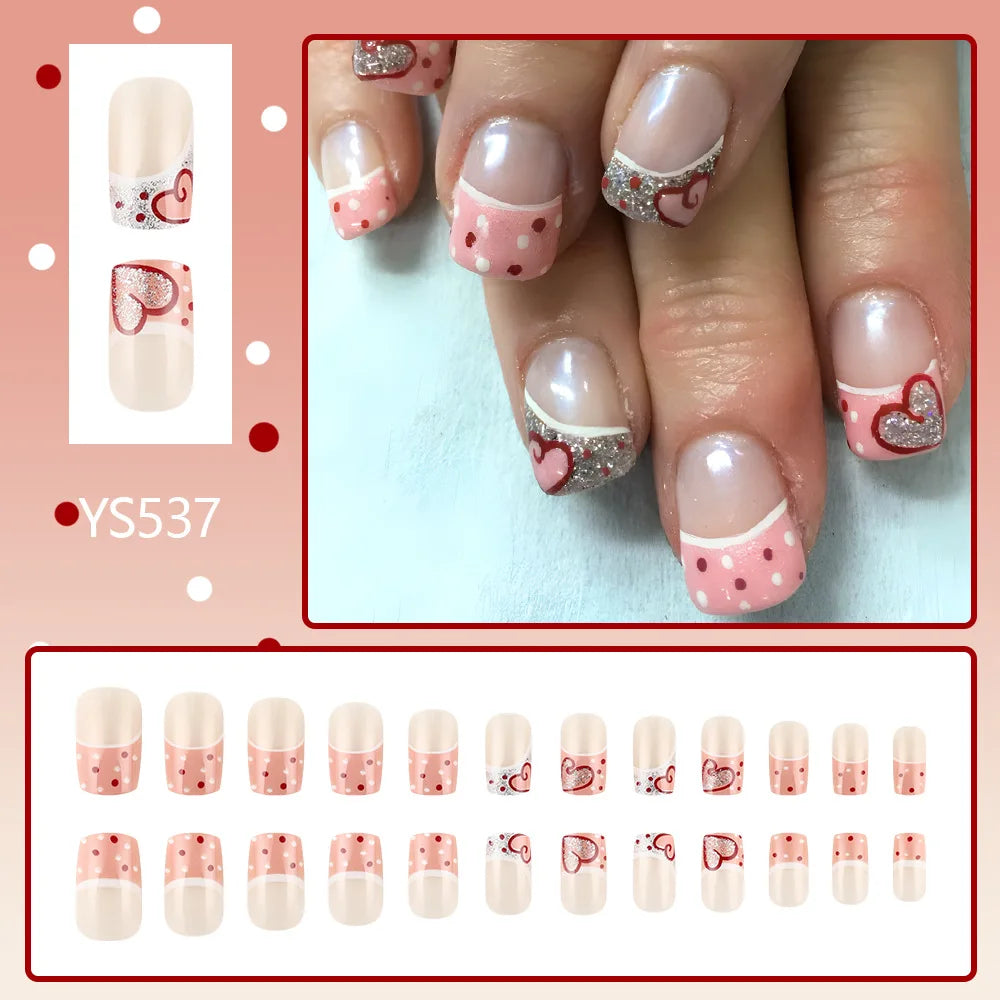 24pcs y2k Black French Press on Nails Short Square Pink Heart Fake Nails Full Cover Wearable Sweet Valentine's Day False Nails Good Vibrations