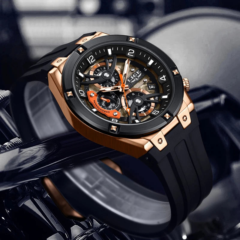 LIGE Luxury Military Men Watch Waterproof Luminous Date Sport Man Wristwatch Chronograph Silicone Strap Quartz Men's Watches Good Vibrations