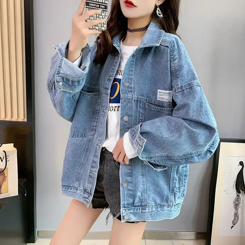 Casual Long Sleeve Denim Shirt Women's Versatile Spring Autumn Wear Multiple Times Outerwear Polyester Fiber Loose Fit Good Vibrations