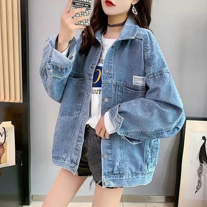 Casual Long Sleeve Denim Shirt Women's Versatile Spring Autumn Wear Multiple Times Outerwear Polyester Fiber Loose Fit Good Vibrations