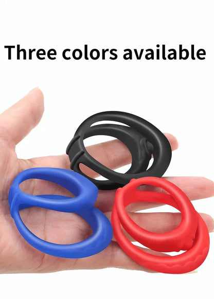 Semen Lock Ring Male Masturbator available in three colors: blue, black, and red.