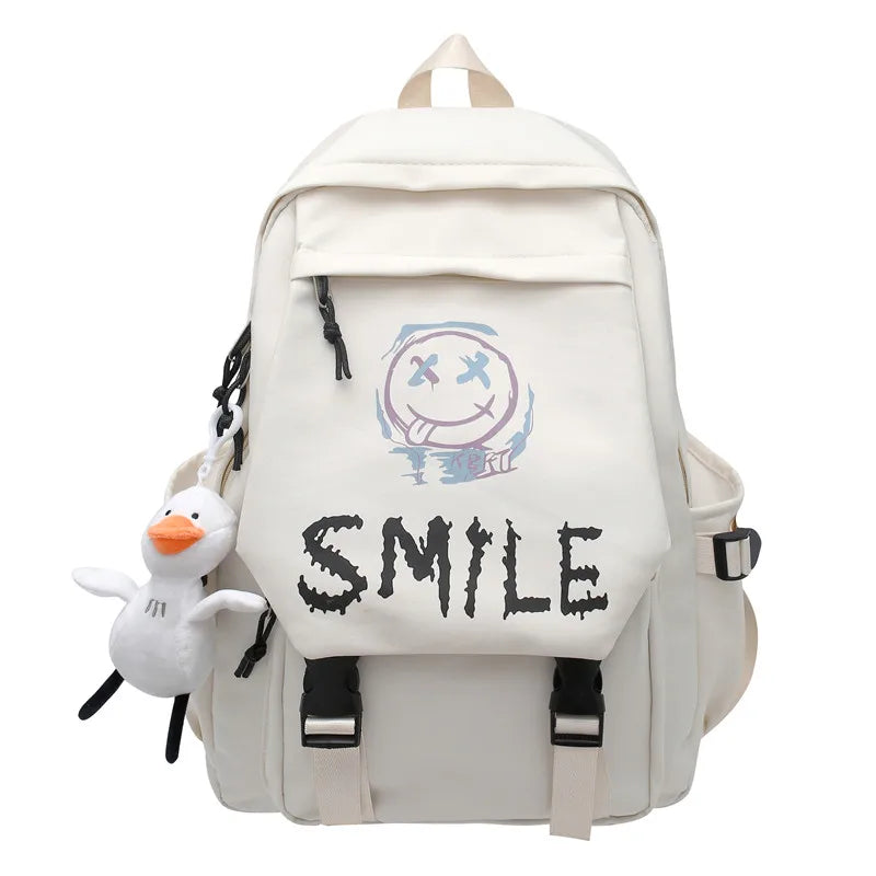 Pocket Front Backpack, Preppy Style Solid Color Nylon  Bookbag, Kawaii Large Capacity Double Handle School Bag Good Vibrations