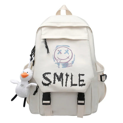 Pocket Front Backpack, Preppy Style Solid Color Nylon  Bookbag, Kawaii Large Capacity Double Handle School Bag Good Vibrations