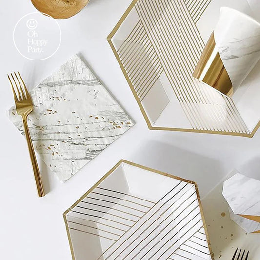 White Theme Wedding Party Gold Stripe Paper Plates Cups Napkins Children Adults Birthday Tableware Baby Shower Party Decorations Good Vibrations