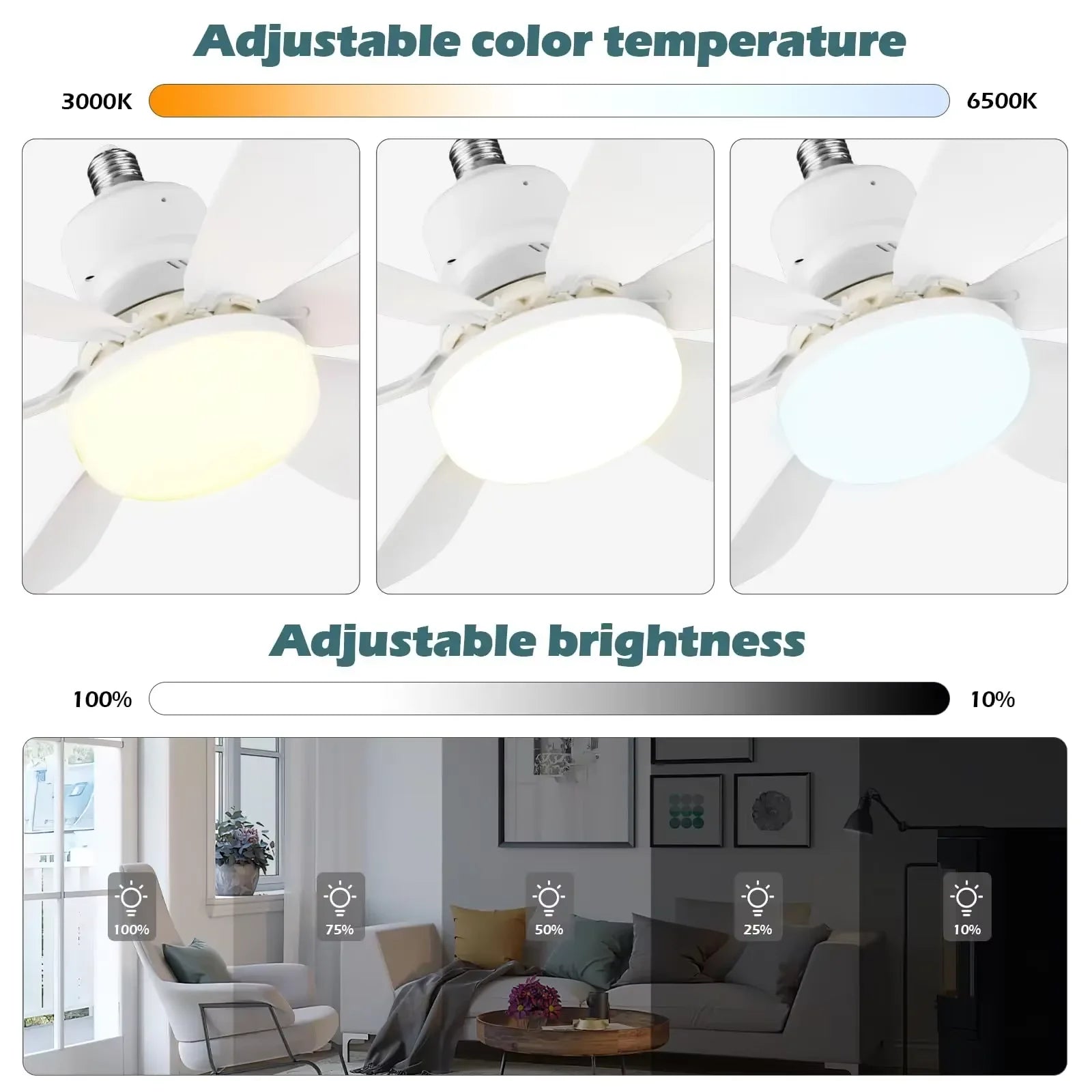 Socket Fan Light With Remote Control Dimmable LED White Socket Ceiling Fan E27 Socket Bulb Bedroom Kitchen Fan Light Good Vibrations