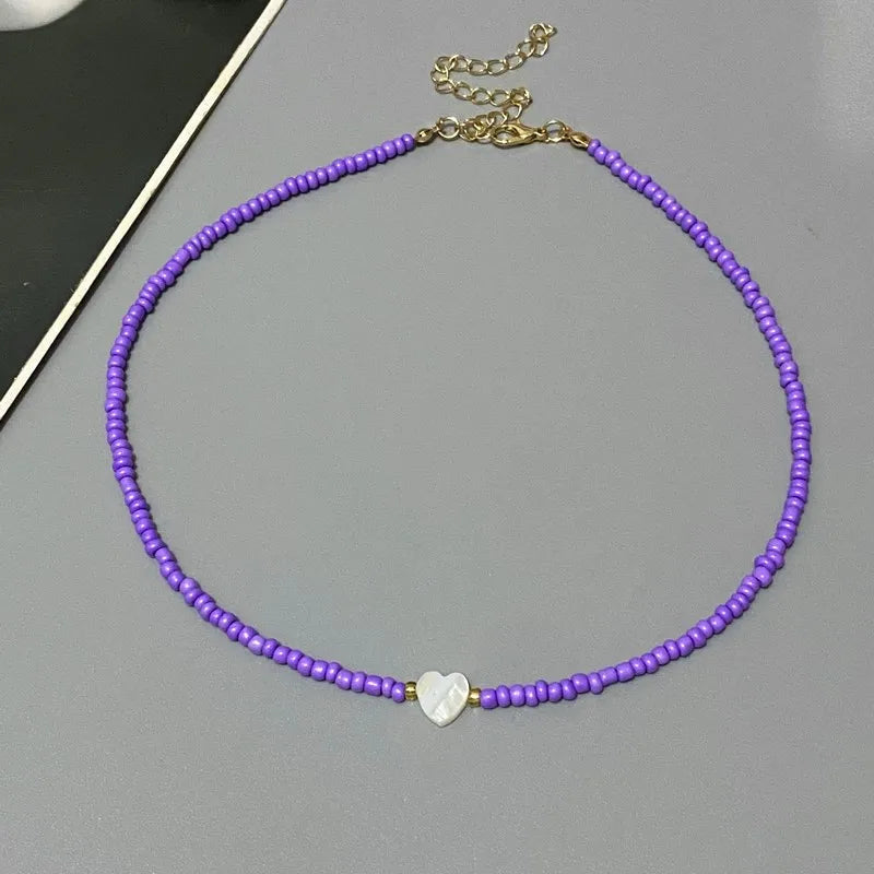 New Nature Shell Love Heart Choker Necklace for Girl Spring Summer Fashion Small Colorful Glass Beads Necklace Gift for Friend Good Vibrations