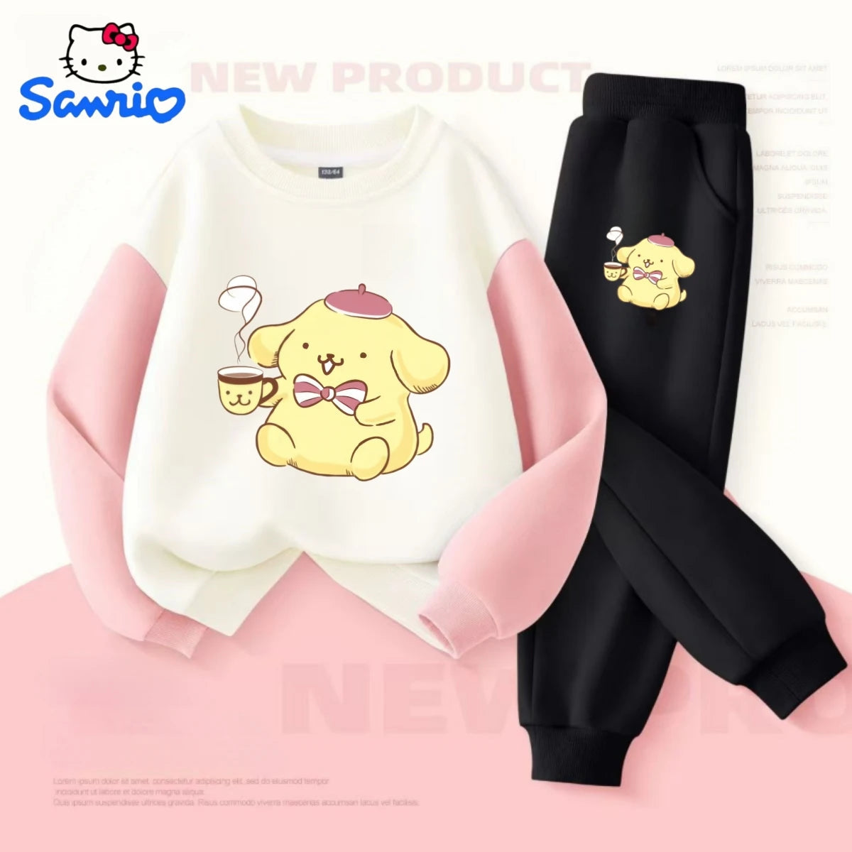 Sanrio Baby Girl Clothes Set Autumn Kid Pompompurin Printed Sweatshirts Pullover Top & Pants 2pcs Suit Children Boys Tracksuits Good Vibrations