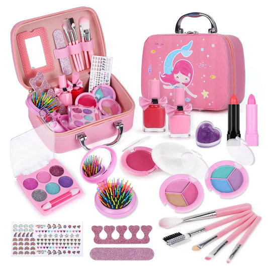 Girls Real Makeup Kit Washable Princess Play Makeup Set Kids Toys Safe Non Toxic Girls Pretend Play Birthday for Kids Gifts Good Vibrations