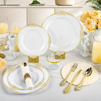 350PCS Gold Plastic Plates for 50 Guests, Disposable Dinnerware Sets Include 100 Gold Rim Plastic Plates, 50 Silverwares Good Vibrations